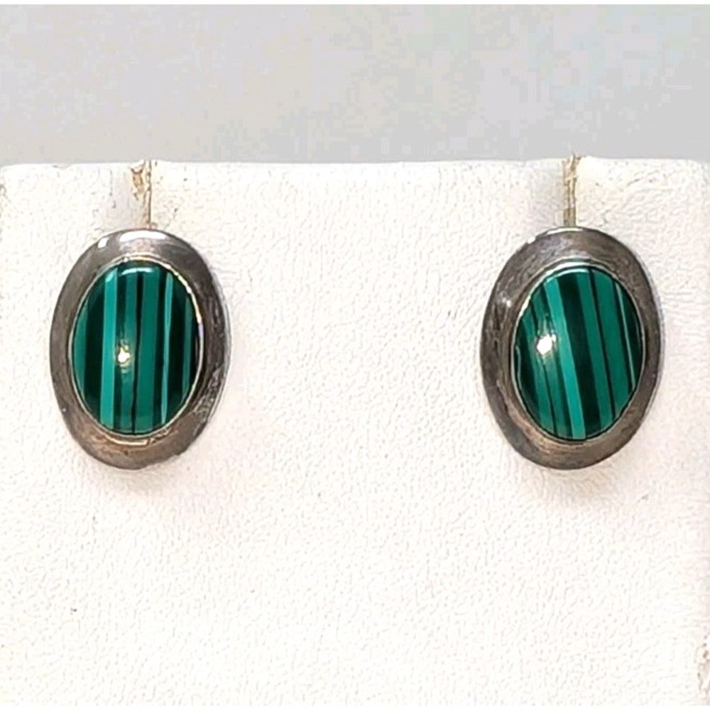 Vtg Malachite Oval Post Earrings 925 Sterling Silver 4.74g Natural Green Banded